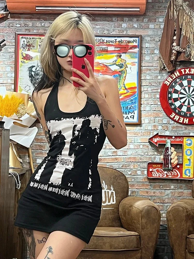 Y2k Kleidung 2000er Jahre Vintage Gothic Punk Muster Bedruckt Ärmellos Bodycon Sexy Sommer Damen Tank Top Minikleid