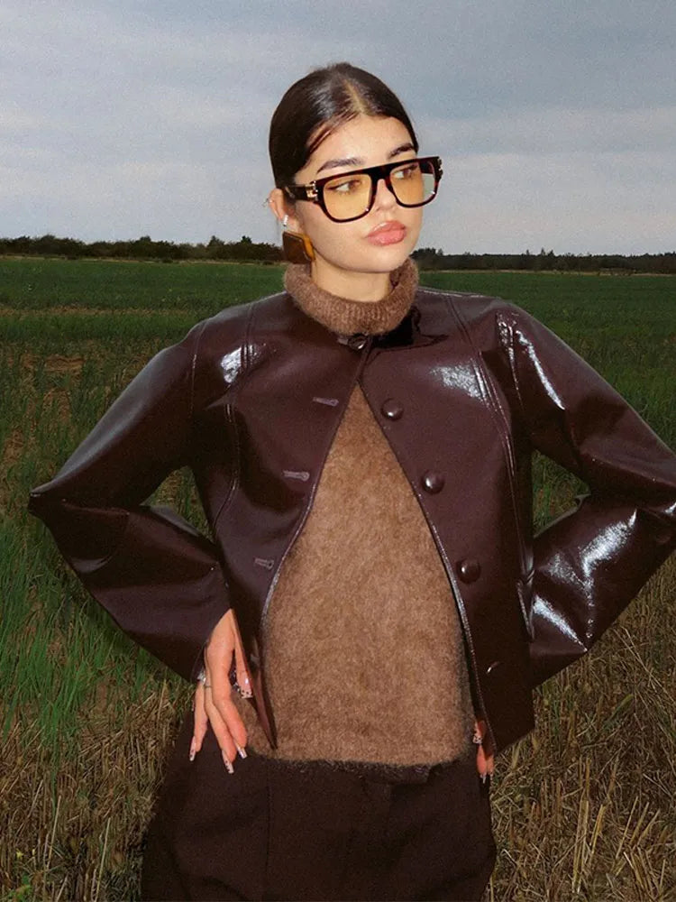 Fashion O-neck Pu Leather Jacket 2 Piece Sets For Women Elegant Mini Skirt Single Breasted Coat Suit Autumn New Street Outfits