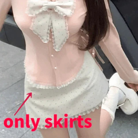 Fashion Sweet Bow Slim Fit Long Sleeve Tops Women+ Y2k High Waist Lace Bodycon Skirts 2024 Autumn New Two Piece Sets