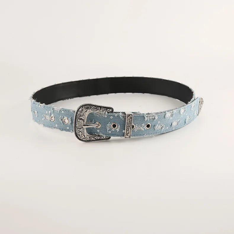 Modischer Vintage-Jeansgürtel in Blau mit Retro-Schnitzmuster und Nadelschnalle, Y2k-Gürtelriemen für Damen, Jeans, Kleiderzubehör
