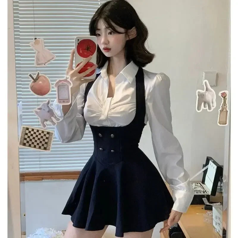 Preppy Style Vintage-Mode Anzug Frau Weißes Hemd + Kurzmantel Hohe Taille Schlank Y2k Minikleid Japanisches Elegantes Set 2025 Chic