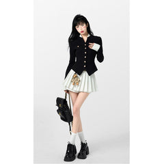 Graduation Gift Black Women's Wool Sweater Cardigan Coat White Pleated Skirt Suit Academic Style Long Sleeve Single Breasted Knitted Sweater