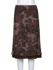Floral Print Vintage Green Midi Skirt Women Y2K High Street Grunge Fashion Elegant Mid-Calf Long Skirt Streetwear Female Faldas