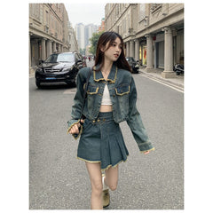Damen Blaue Jeansjacke Oberbekleidung Einreihig Polokragen Mode Vintage Freizeit Kurzmantel Oberteile Unregelmäßiger Kurzrock Anzug