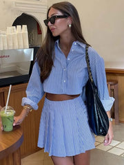 Fashion Blue Striped Print Suit For Women Elegant Long Sleeve Button Crop Tops And High Waist Pleated Skirts 2 Pieces Set