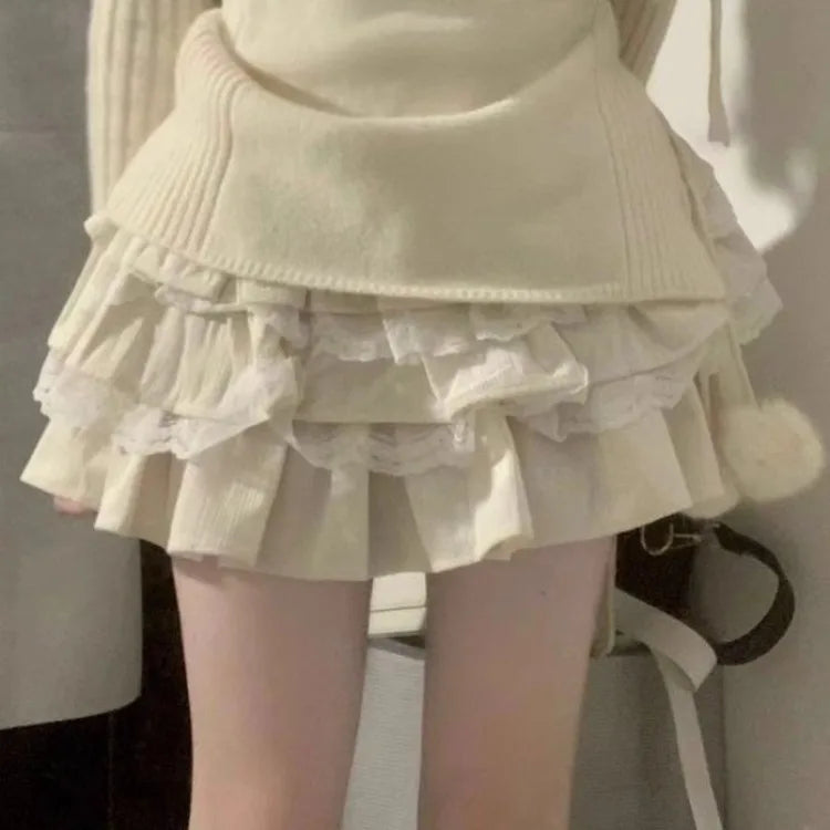 Fashion High Waist A-line Skirt for Women 2024 Spring Autumn New Beige White Skirts Y2k Ruched Ruffles All-match Faldas Mujer