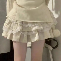 Fashion High Waist A-line Skirt for Women 2024 Spring Autumn New Beige White Skirts Y2k Ruched Ruffles All-match Faldas Mujer