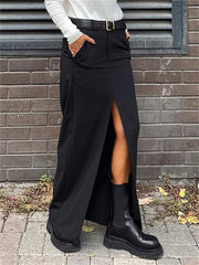 Schwarzer langer Rock für Damen, lässige Streetwear, hohe Taille, schlanke, figurbetonte Röcke, geteilter Damen-Basic-Gerade-Maxirock