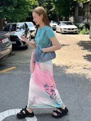 Cartoon Print Long Skirt Summer Kawaii Harajuku Sweet Satin Skirts for Women Casual Fashion Y2k Elegant Ladies Clothes