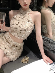 Spring Outfit Korean style Fashion Small Fragrance Sequins Two Piece Set Women Halter Top + Skirt Sets Summer Tweed Sweet 2 Piece Suits