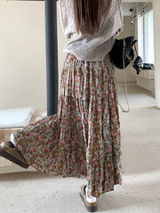 Autumn Winter Wrinkled Floral Pleated Skirt Women Korean Style Casual High Waisted A-Line Midi Long Skirts Maxi falda plisada