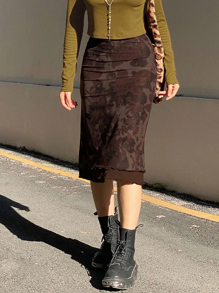 Harajuku Vintage A-Linie Midiröcke Gothic Grunge Ästhetischer Sommerrock mit niedriger Taille Damen Sommer Blumendruck
