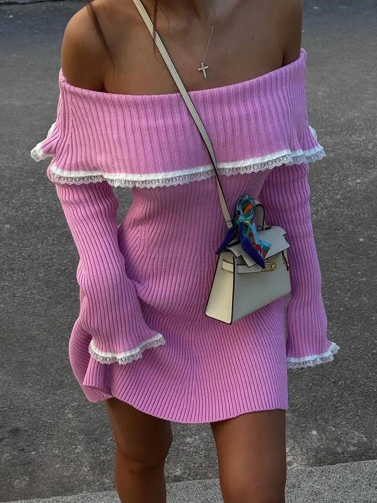 Knit Off-Shoulder Sweater Mini Dress Women's Lace Patchwork Ribbed Slim Backless Elegant Party Dress Knitwear Dress New