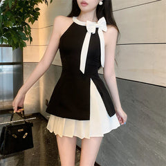 French Small Fragrance 2 Piece Set Women Hotsweet Sexy Bow Top + Pleated Skirt Suits Ladies Korean Sweet Two Piece Sets Outfits