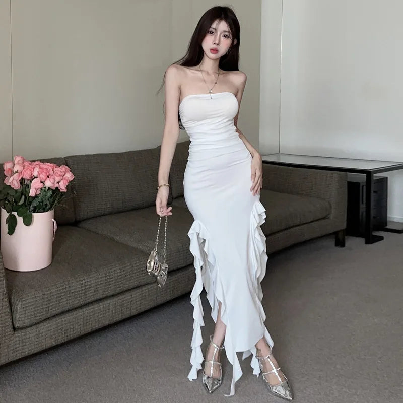 Weiße Robe Langes Kleid Elegante 2025 Sexy Off Schulter Schlank Eingewickelt Brust Split Mid Länge Kleid Mode Koreanische Frauen Tops H8OG