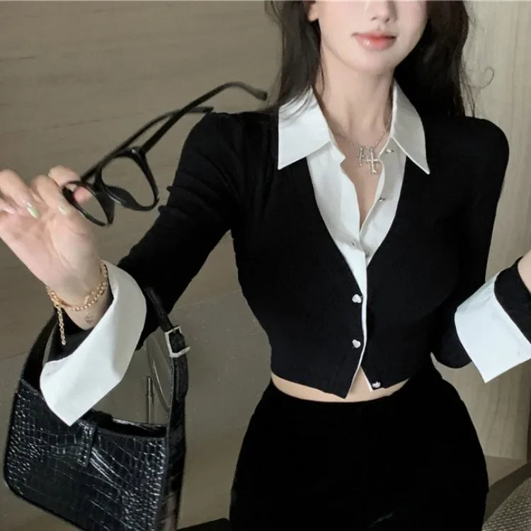Black Fake Two Piece Slim Fit Long Sleeve Shirts for Women+ Y2k E-Girl High Waist Bodycon Skirts 2024 Autumn   Sets