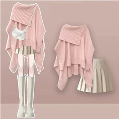 2024 Frühjahr Neue Lose Gestrickte Schal Pullover Mini Plissiert Kurzen Rock Zwei Stück Set Elegante frauen Rock Set Outfits