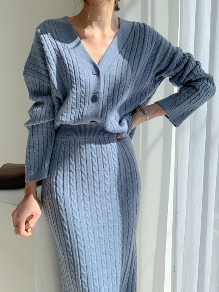 Two Piece Sets Womens Outifits Autumn Winter Solid Knitted Wrapped Hip Knee-Length Skirt Sets Sweater Fall Outfits 2023