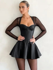 Black Leather Mesh Splice Dress For Women Plunge Bodycon Sexy Short Dress Long Sleeve Club Casual Party Fold Dress Ladies