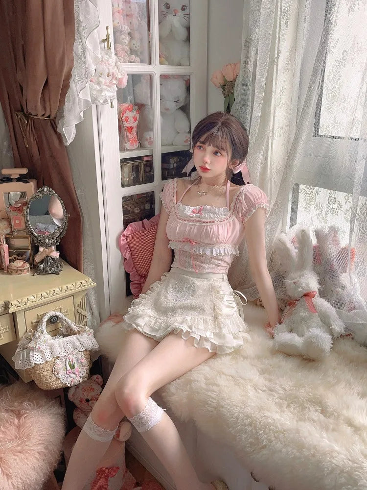 Kawaii Minirock mit Blumenstickerei, Spitze, Patchwork, A-Linie, Lolita-Rock für Damen im japanischen Stil, Cutecore, Röcke mit hoher Taille