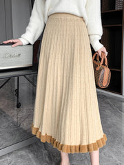 Knitted Long Skirt Women Autumn Winter Casual Warm Pleated Skirts Female Korean Fashion Elegant High Waist A Line Ruffles Skirt