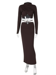 Fall New Skirts Suit Solid Color Long Sleeve Crop Top Twist Ruched Slim Lace Up Sexy Navel Exposed Skirt Matching Sets