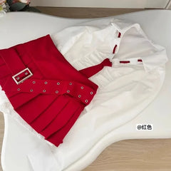 Simple Slim Fit Lapel Neck Long Sleeve White Shirts Women+ Y2k High Waist Ruched Skirts 2024 Early Autum New Two Piece Sets