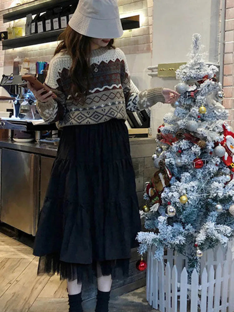 Long Tulle Midi Skirts Womens 2024 Autumn Elastic High Waist Mesh Tutu Pleated Skirts Female Black White Long Skirt Streetwear