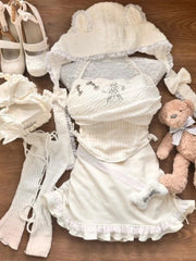 Mode Süße Frische Trägerlosen Neckholder Weste + Oversleeve und Hut + Hohe Taille Rüschen Kordelzug Röcke Sumemr Neue Vier Stück Sets