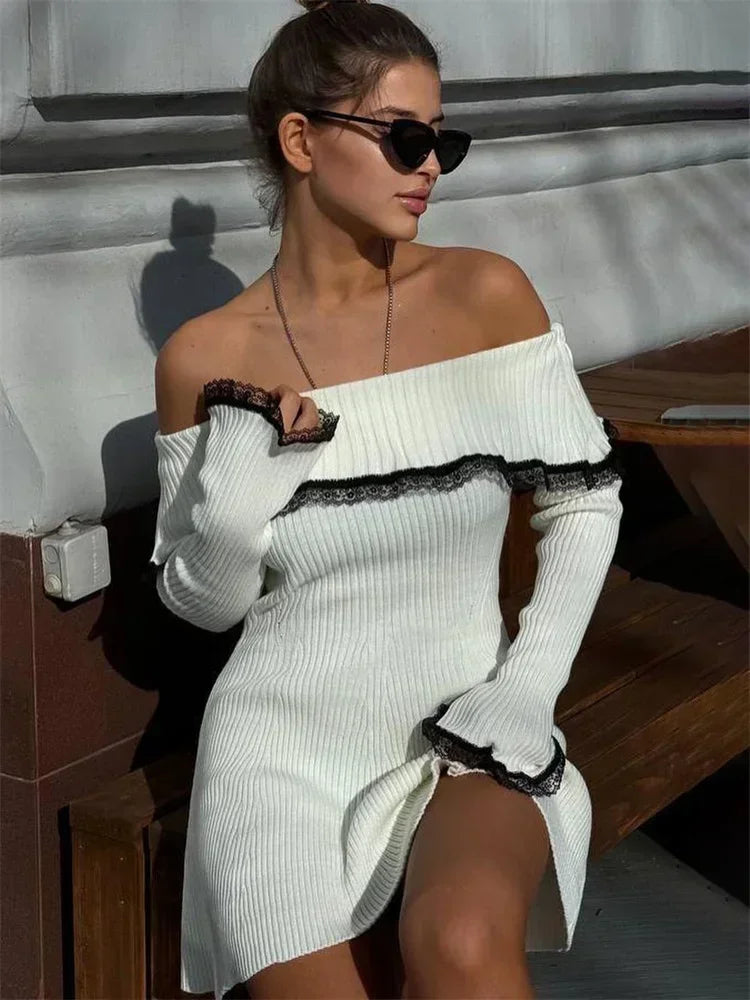 Knit Off-Shoulder Sweater Mini Dress Women's Lace Patchwork Ribbed Slim Backless Elegant Party Dress Knitwear Dress New