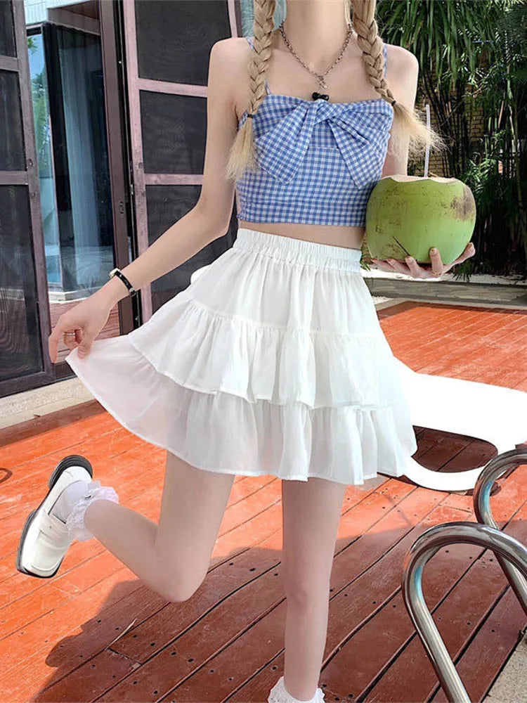 Plissee A-linie Rock Weiß Frauen Rüschen Süße Hottie Adrette Elastische Elastische Taille Schlank Dünn SimpleCasual Sommer Großhandel
