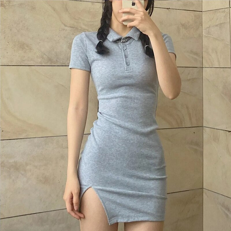 Polo Basic Minikleid Grau Schlank Einteiler Korea Revers Kleider Für Frauen 2022 Sommer Kurzarm Schlitzrock Sexy Mantel Outfits