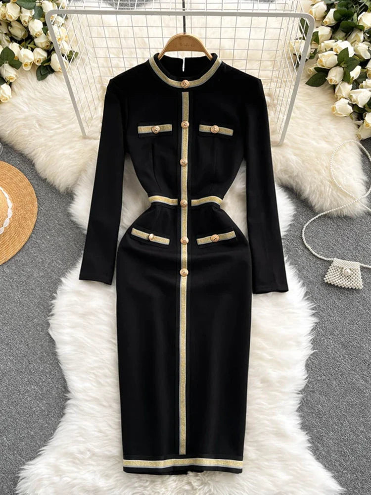 Herbst Winter Neue High-End Luxus Frauen Casual Langarm Korsett Wrap Elegante Lange Kleid Damen Tasche Design Vintage Schwarz Kleid