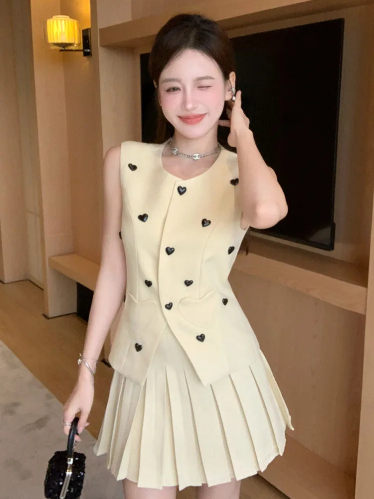 Hochwertige koreanische elegante Mode OL 2-teiliges Set Damen Blazer Weste Top + Faltenrock Zweiteilige Anzüge Kleines Duft-Outfit