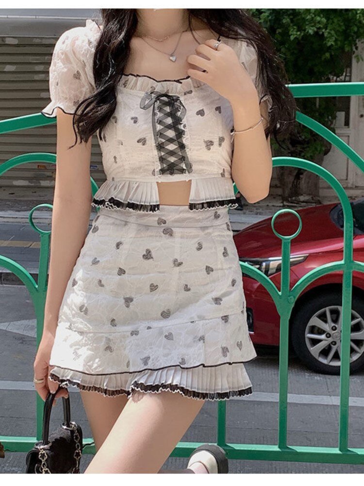 Frauen Midriff Puffärmel Kawaii Minirock Set Weibliche koreanische Mode Slim Fit Anzug Sommer Riemchenschleife Süßes Zweiteiler Set