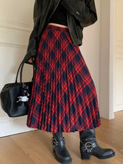 Preppy Style Red Women Plaid Skirts Teen Girls Vintage Autumn Winter High Waisted A-Line Pleated Mid Long Skirt