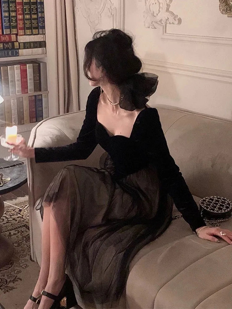 Französische Vintage Abend- und Partykleider für Frauen, Langarm, Samt, Patchwork, Mesh, A-Linie, Herbst, neues Einteiler, Midi, Vestidos Mujer