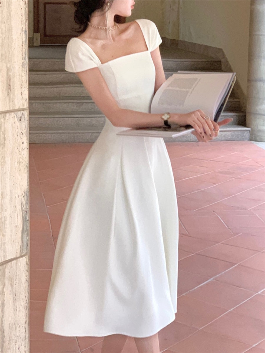 Elegant Midi Dress Women Summer New Fashion Evening Party Ladies Vestidos Vintage Slim Clothes Female Korean White Dresses