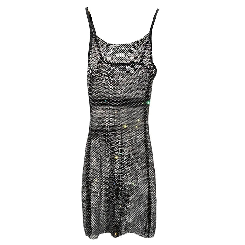 Mesh Rhinestone Hollow Dress For Women Sexy See Through Sleeveless Dresses Club Party Temperament Vestido De Mujer