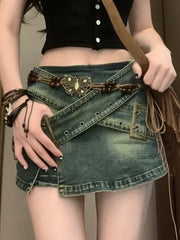 Amerikanischer Retro-Jeansrock im Used-Look für Damen, Hot Girl, unregelmäßiger A-Linien-Hüftrock mit weitem Bein, amerikanischer Retro-Y2k-Rock