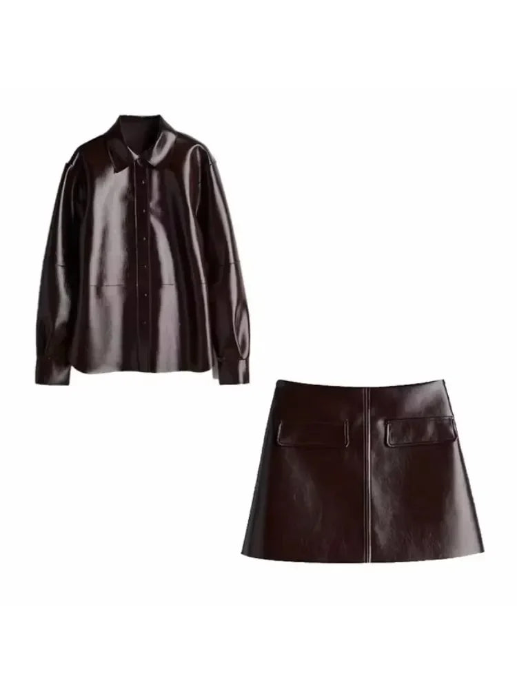 Neu Ins Burgund Pu Leder Langarm Jacke Taste Hüfte Rock Anzüge Frauen 2024 Neue Feste Outfits Weibliche Vintage 2 Stück set