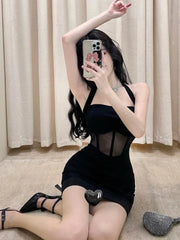 Elegant New Style Unique Sweet And Spicy Skirt Temperament Wrapped Waist Dress Show Thin Spicy Girl Black Mesh Strap Dress UAEF
