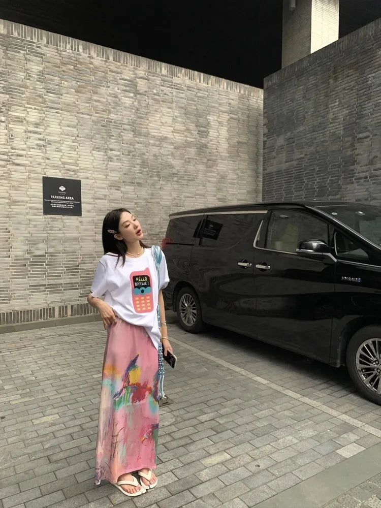 Harajuku Street Print Rock für Frauen Y2k E-Girl Hohe Taille Split Gerade Röcke 2024 Sommer Neue Mittellange Faldas Mujer