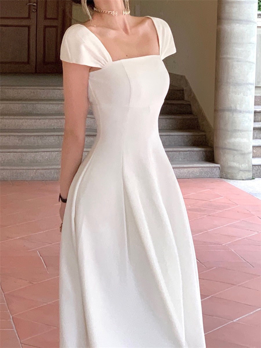 Elegant Midi Dress Women Summer New Fashion Evening Party Ladies Vestidos Vintage Slim Clothes Female Korean White Dresses