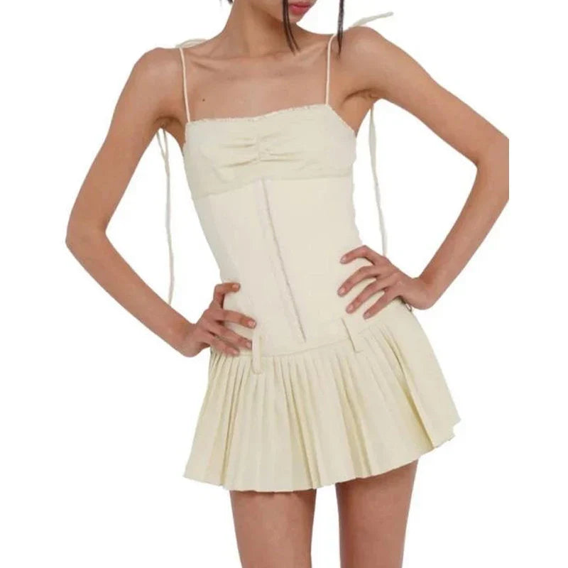 Fairy Cottage Spaghettiträger Slim Fit Faltenrock 90er Vintage Elegantes Korsett Minikleid Y2K Aesthetic Chic Damen Streetwear