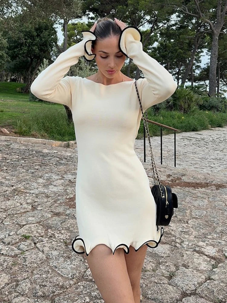 Sexy Big Backless Long Dress For Women Elegant Slim Fit Wave Fungus Ear Patchwork Evening Dresses Long Sleeve Autumn New