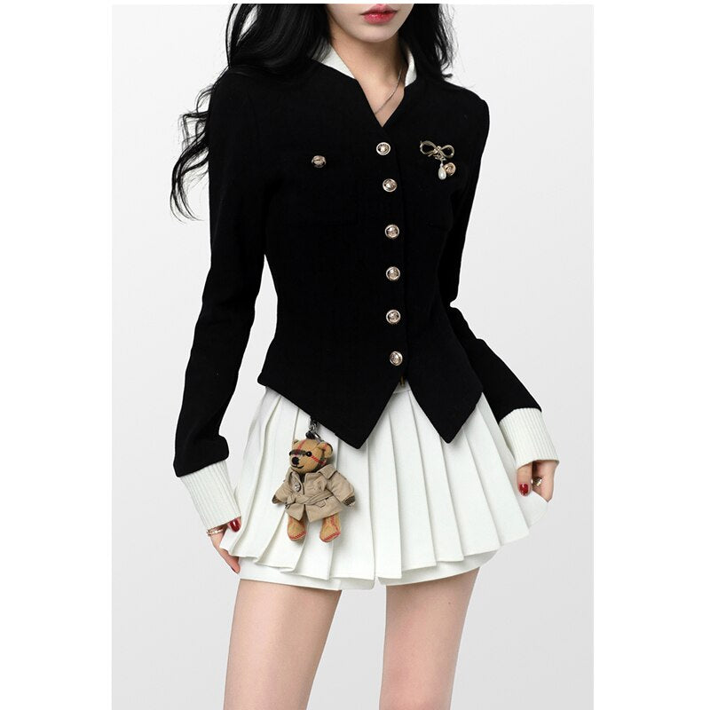 Graduation Gift Black Women's Wool Sweater Cardigan Coat White Pleated Skirt Suit Academic Style Long Sleeve Single Breasted Knitted Sweater