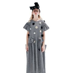 Original design schwarz und weiß plaid blume bestickt kleid A-linie rock kurzarm sommer frauen kleid