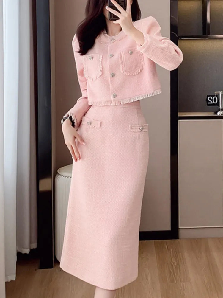 Französisch Elegante Frauen Rosa 2 Stück Set 2025 Herbst Quaste Langarm Mantel A-linie Chic Midi Rock Frühling Y2k Dame kleid Anzüge