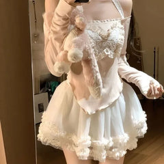 Sweet Butterfly Off Shoulder Long Sleeve Tops Women+ High Waist Ruched Fungus Cake Skirts 2024 Summer New Two Piece Sets